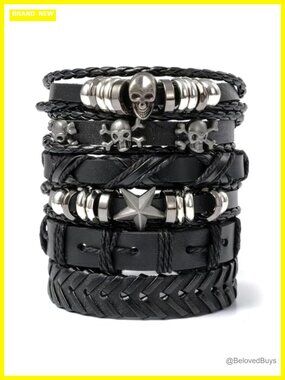 6 Pcs Goth Bracelets Set, Faux Leather Adjustable Skull Star Punk